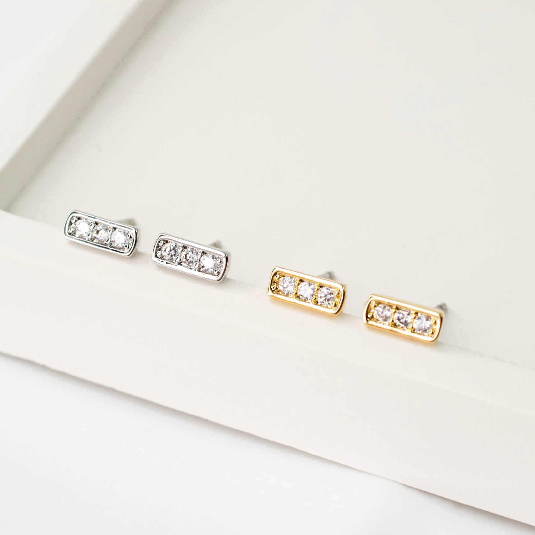 Pave Genuine Diamond outlet 14k Solid Yellow/White Gold Bar Stud Earrings/Dainty Stud Earrings