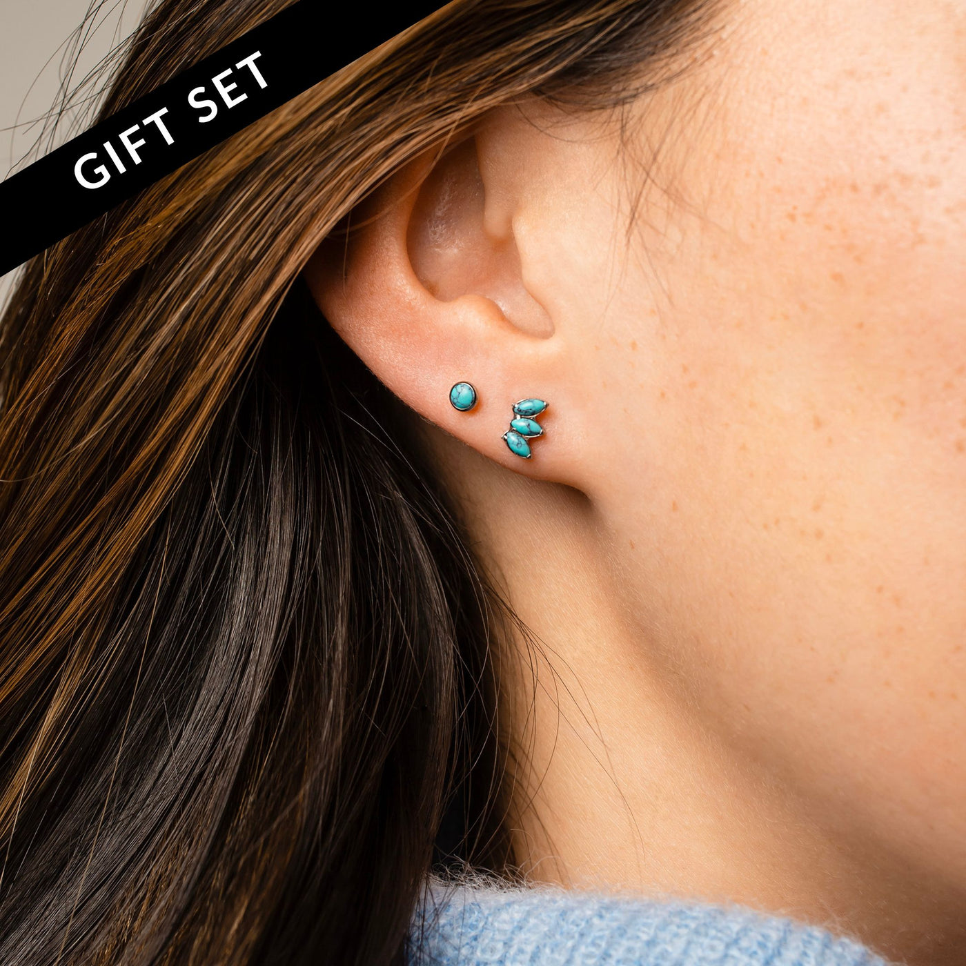 The Sonora Flat Back Sleeper Earrings Studs Set with Turquoise