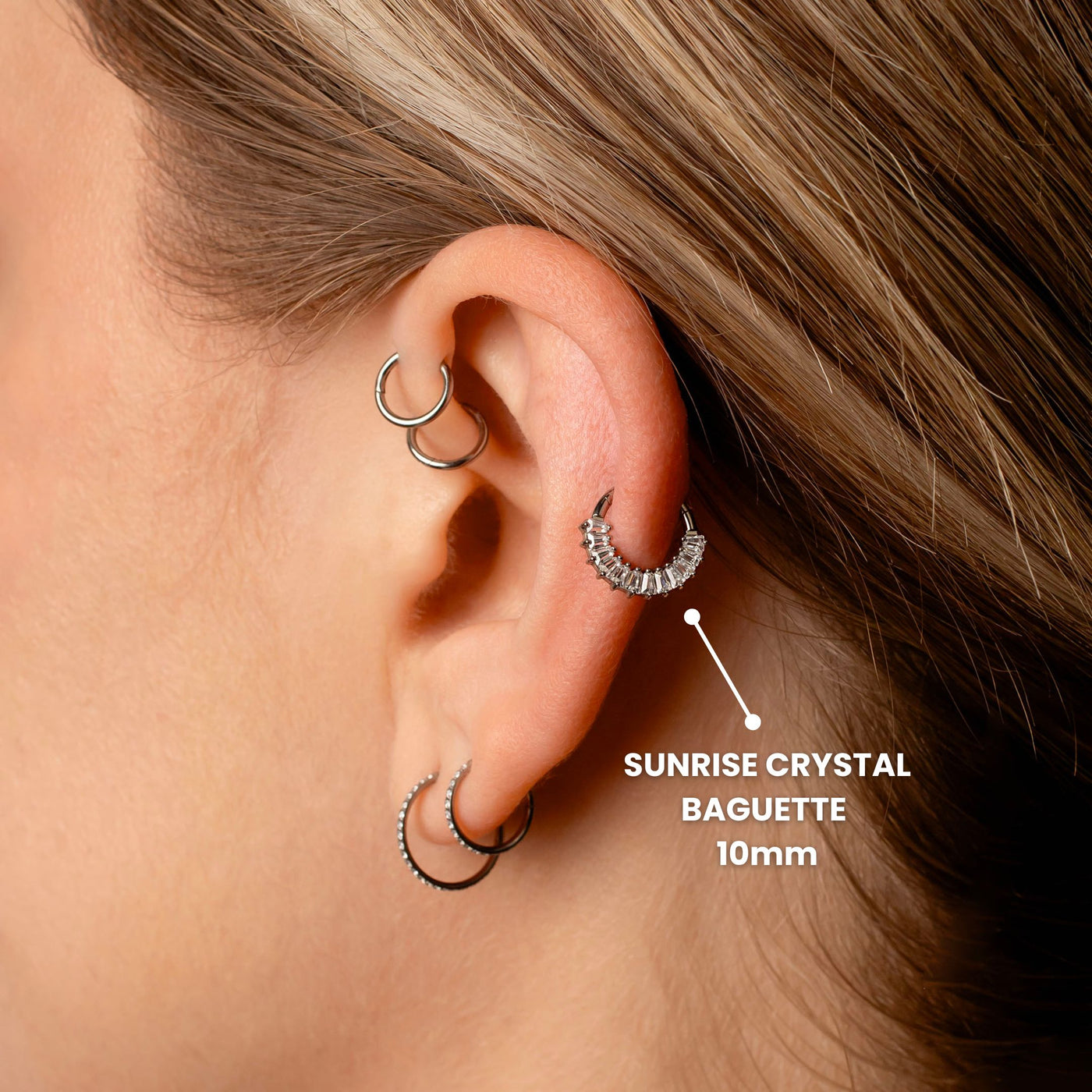 Sunrise Crystal Baguette Hinged Segment Ring for Daith or Septum - Front Facing Titanium Hoop