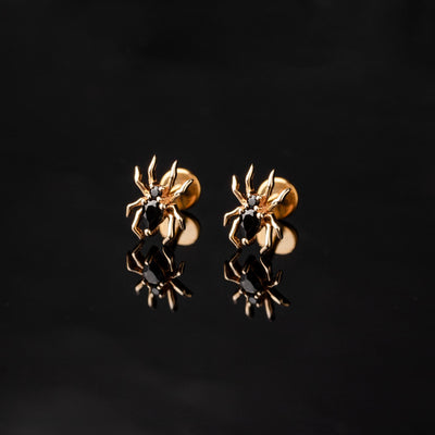 Arachne Gemmed Spider Flat Back Sleeper Earrings by Buddha Jewelry - 14k Solid Gold