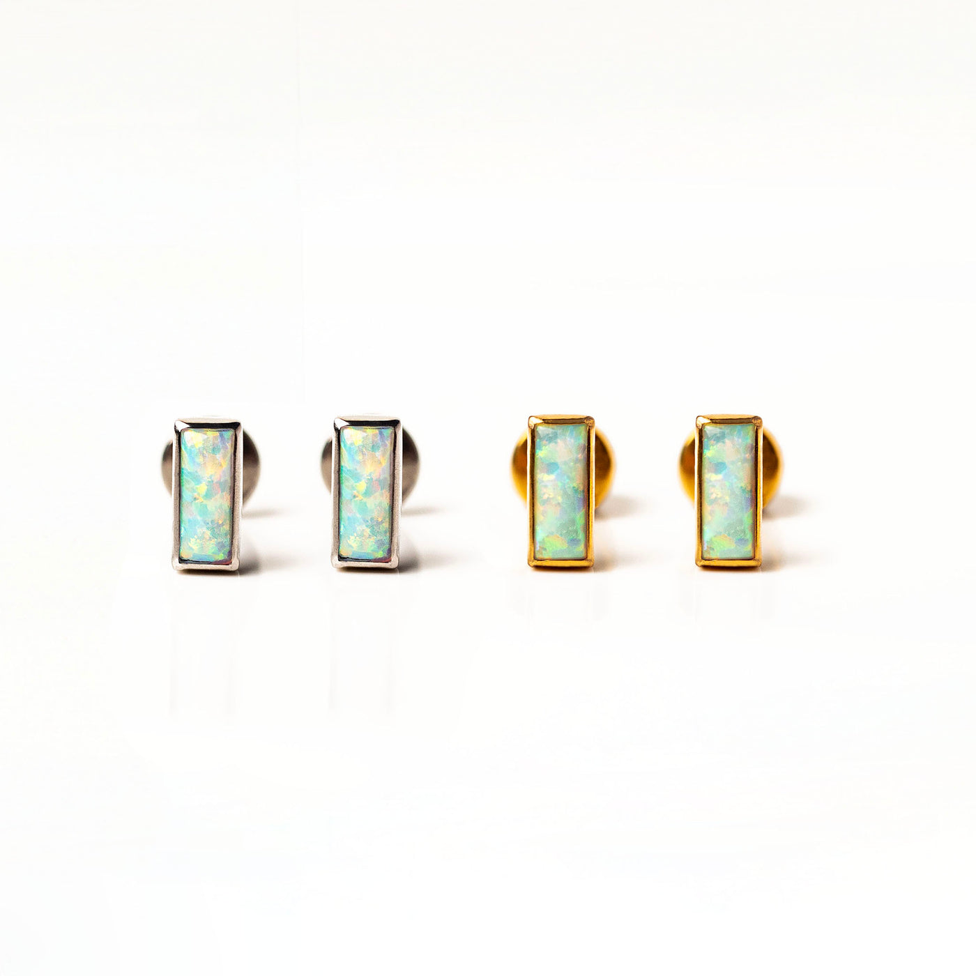 Aurora Baguette Opal Titanium Flat Back Sleeper Earrings in Gold and Silver options