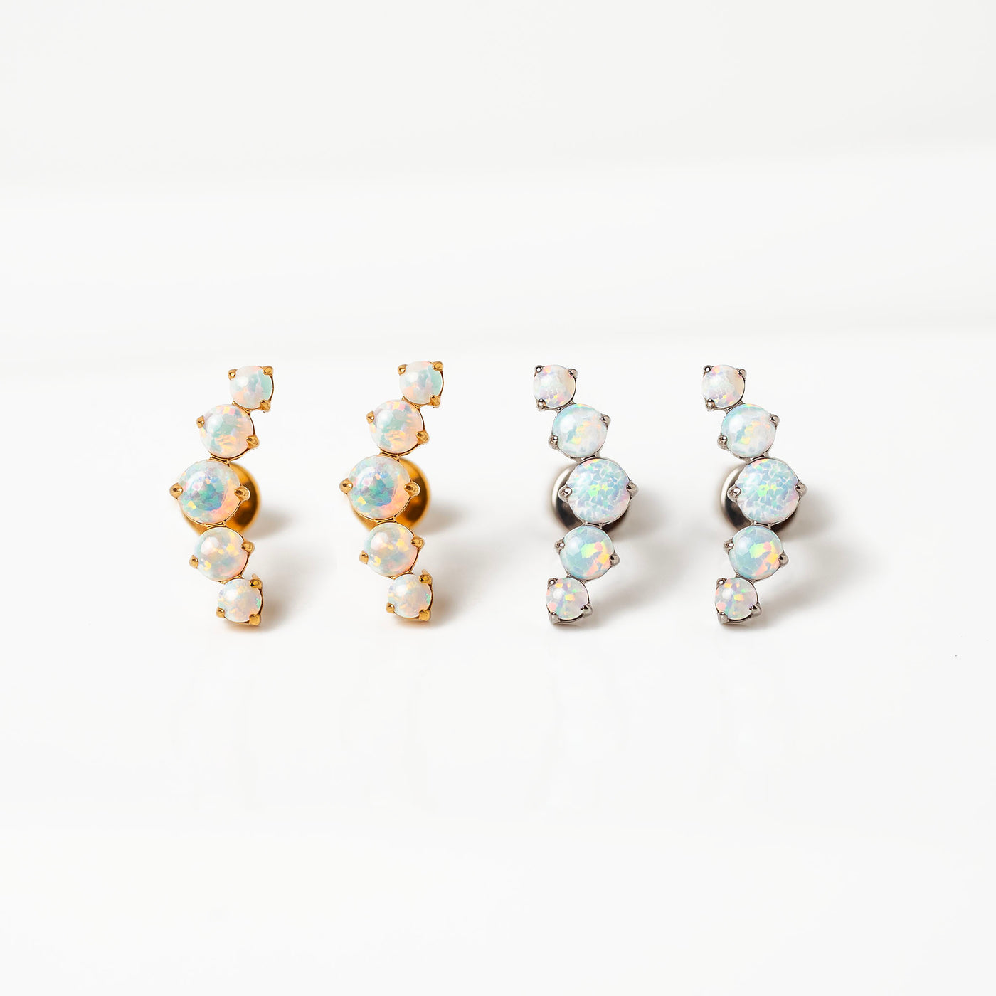Aurora Curved Opal Row Titanium Flat Back Sleeper Earrings in Gold and Silver options