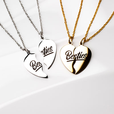 Waterproof Besties Split Heart BFF Engraved Pendant Necklace Set