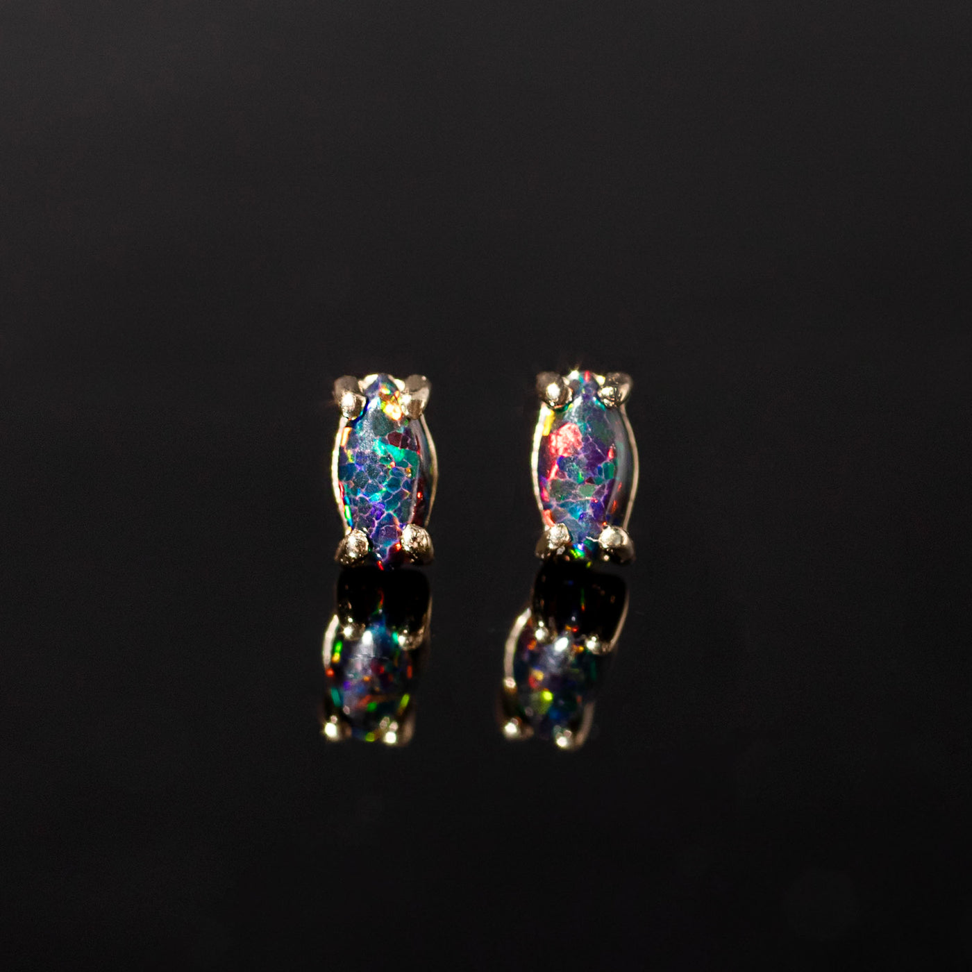 Black Opal Earrings - Marquise Flat Back Sleepers in 14k Solid Gold