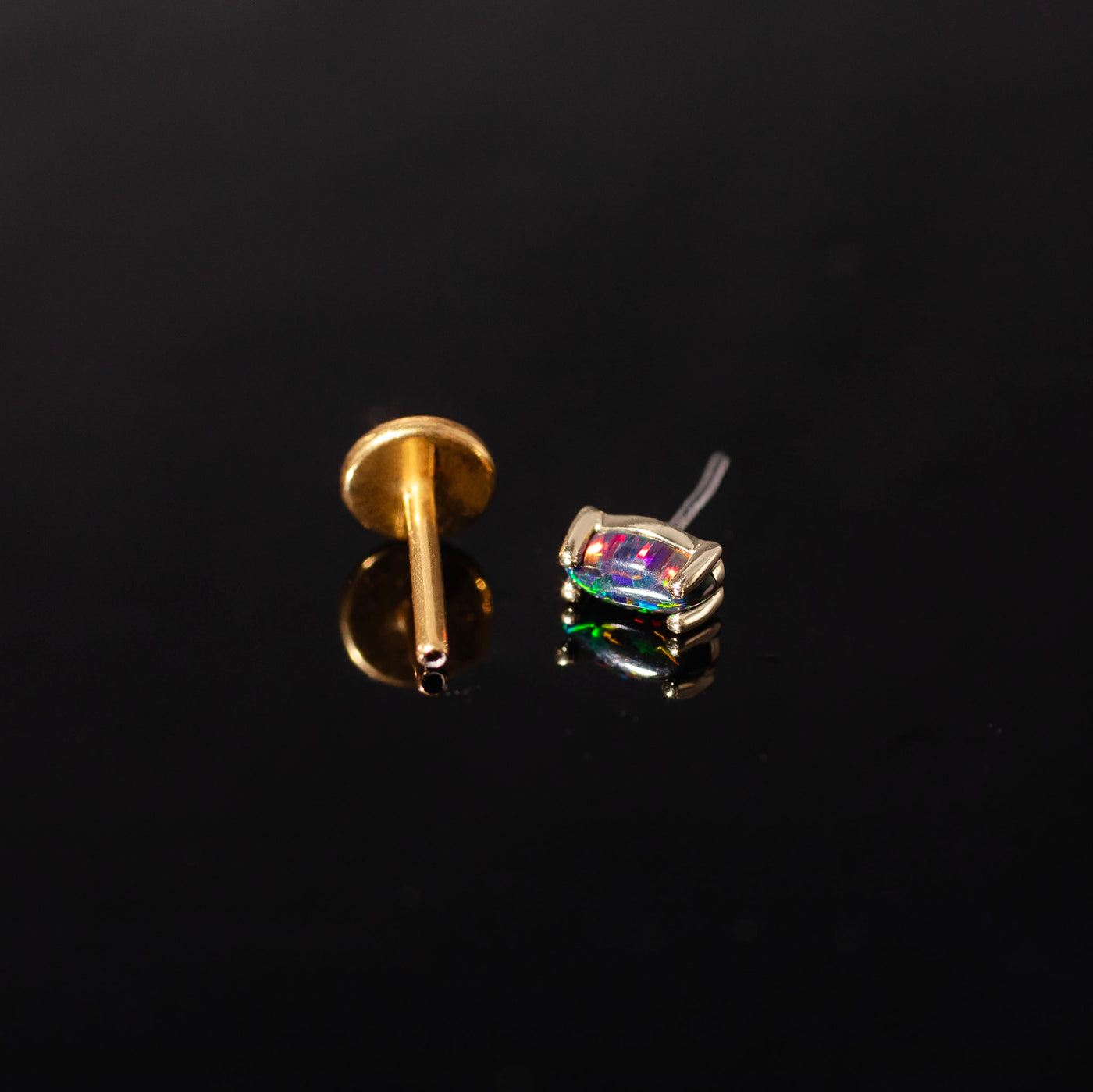 Black Opal Earrings - Marquise Flat Back Sleepers in 14k Solid Gold