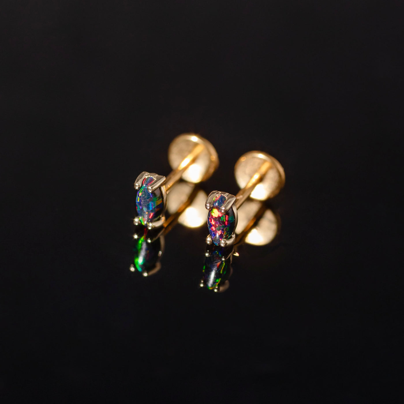 Black Opal Earrings - Marquise Flat Back Sleepers in 14k Solid Gold