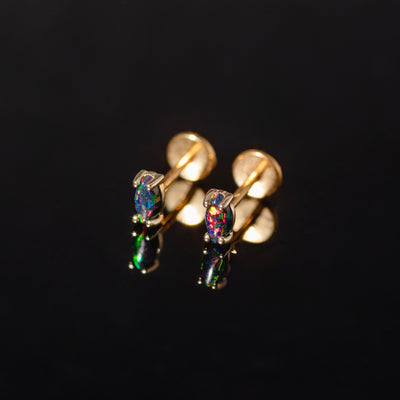 Black Opal Earrings - Marquise Flat Back Sleepers in 14k Solid Gold