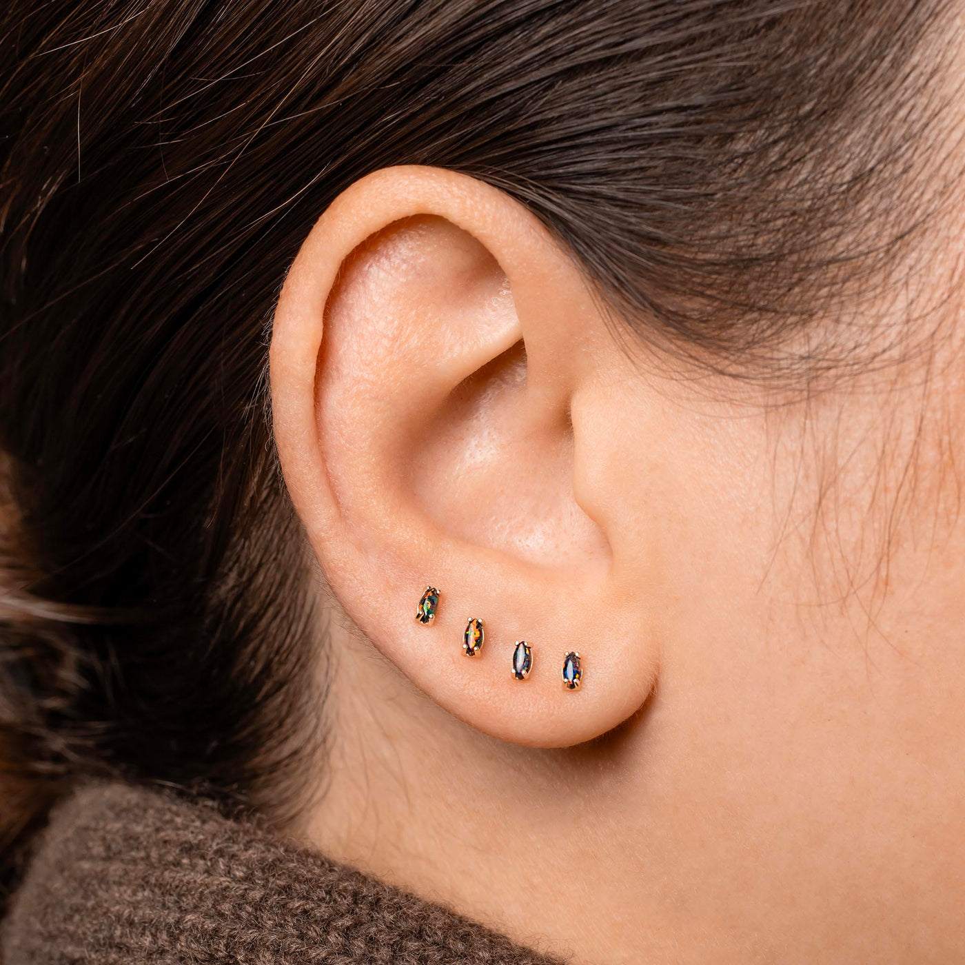 Black Opal Earrings - Marquise Flat Back Sleepers in 14k Solid Gold