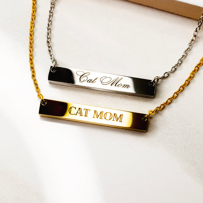 Cat Mom Horizontal Engraved Bar Necklace