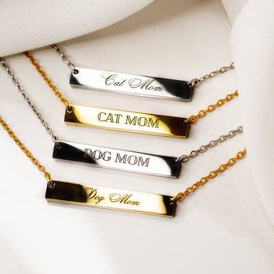 Cat Mom Horizontal Engraved Bar Necklace