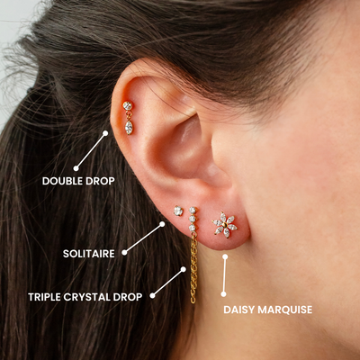 Triple Crystal Drop Chain Flat Back Sleeper Earrings
