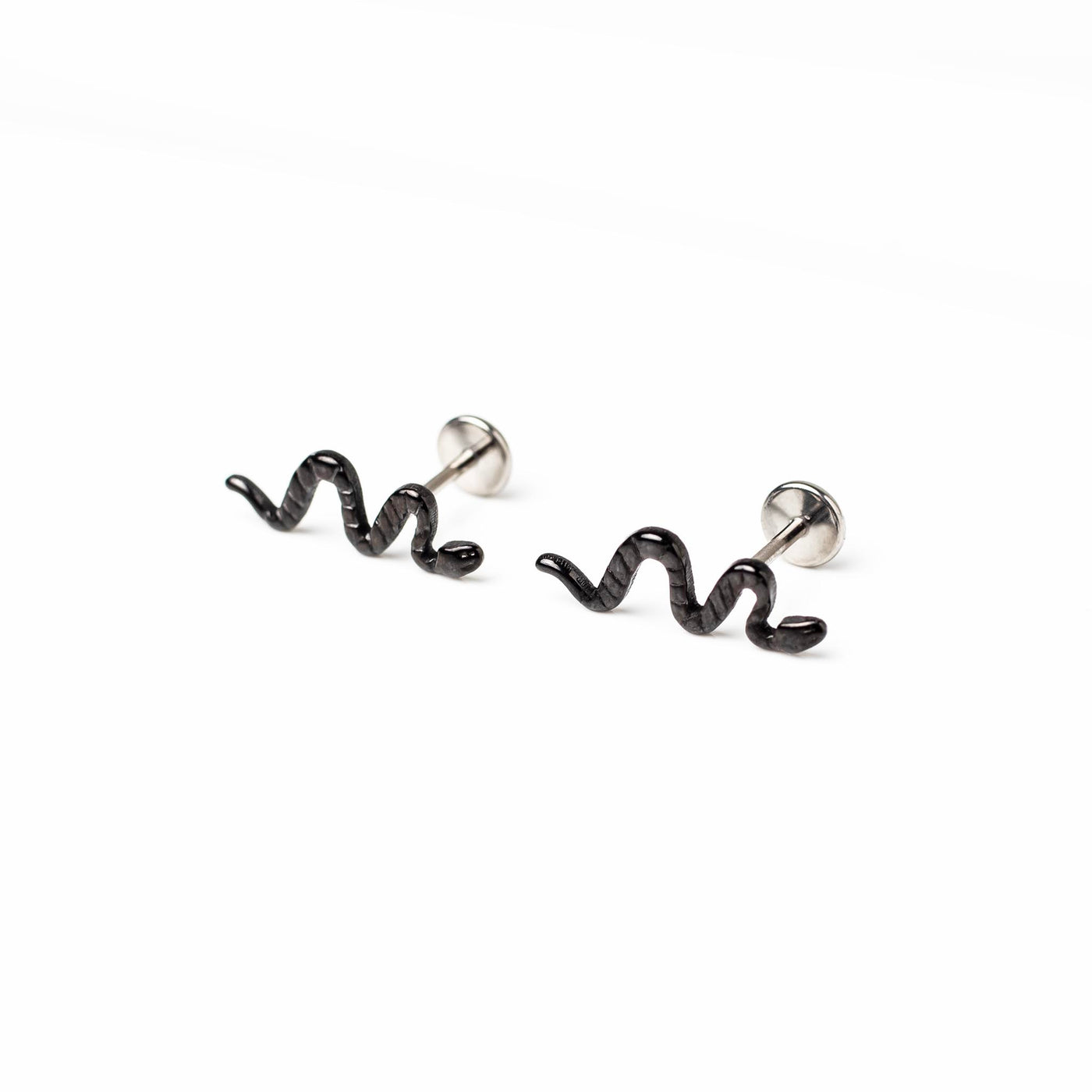 Jet Black Deco Snake Titanium Flat Back Sleeper Earrings