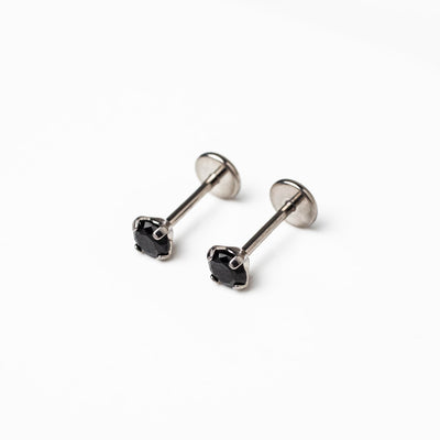 Jet Black Diamond Earrings - Titanium Flat Back Solitaire
