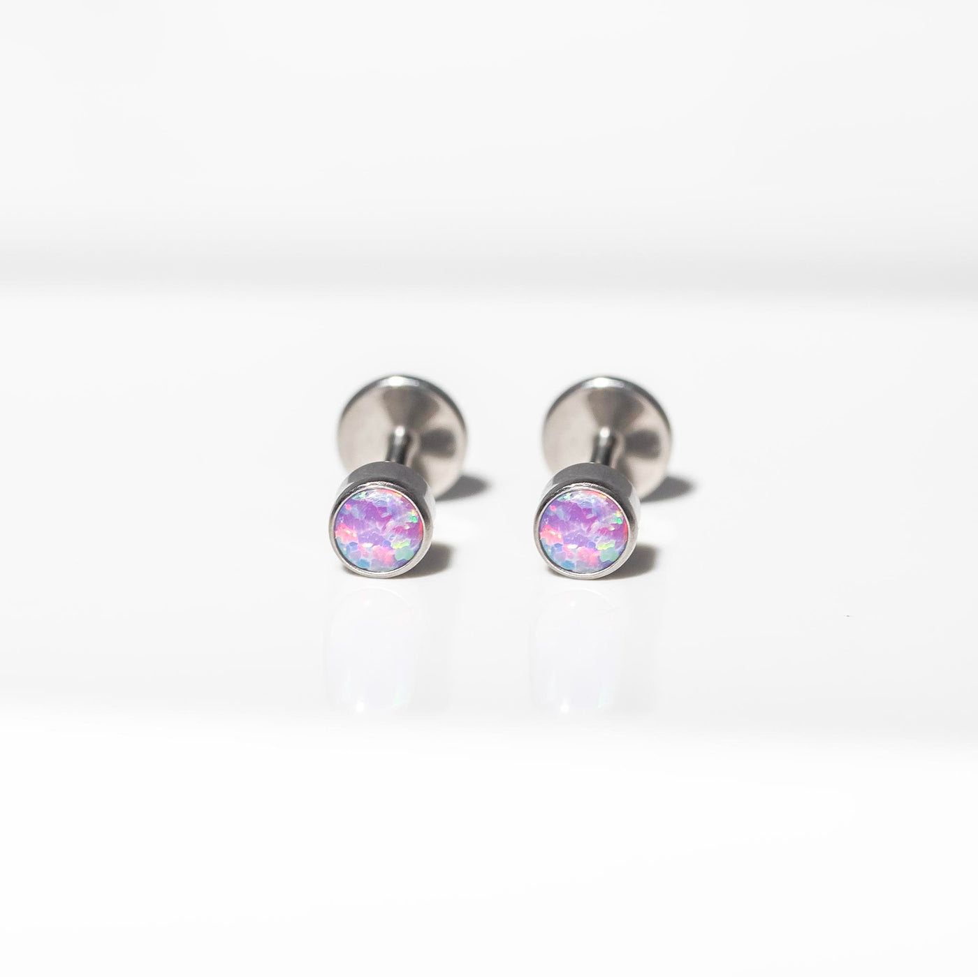Lavender Round Opal Bezel Set Titanium Flat Back Sleeper Earrings