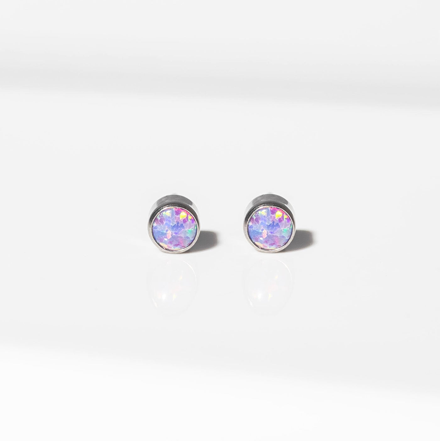 Lavender Round Opal Bezel Set Titanium Flat Back Sleeper Earrings