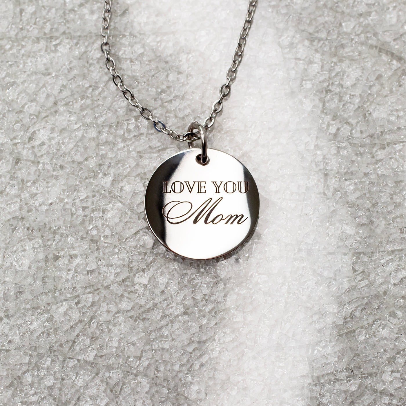 Love You Mom Engraved Script Pendant Necklace