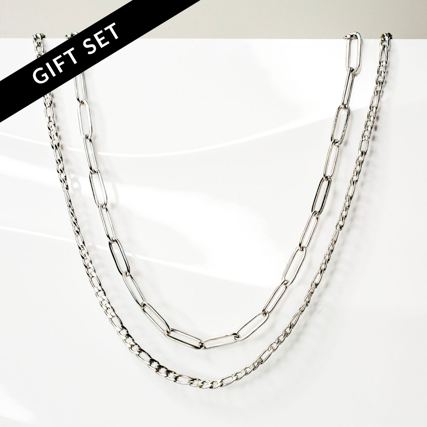 Waterproof Mila Paperclip + Rio Figaro Chain Necklace Layering Set