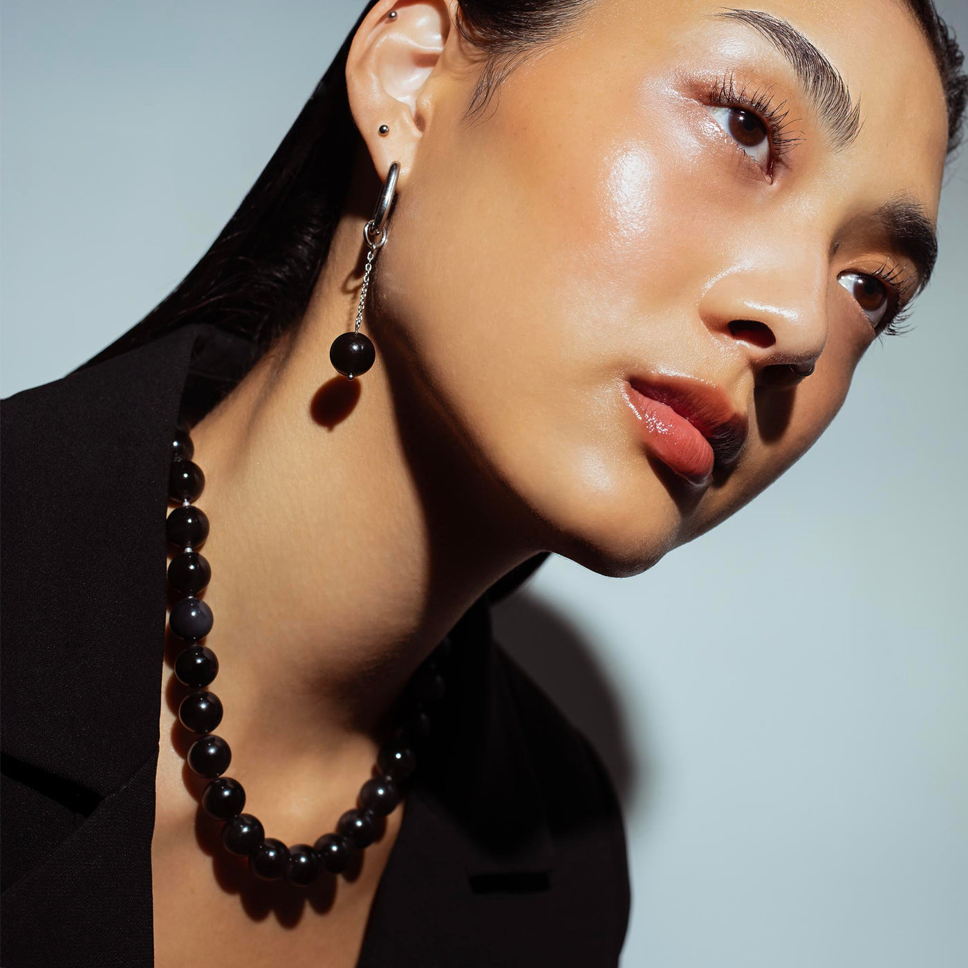 Omega Black Obsidian Gemstone Strand Statement Necklace with Magnetic Clasp