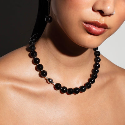 Omega Black Obsidian Gemstone Strand Statement Necklace with Magnetic Clasp