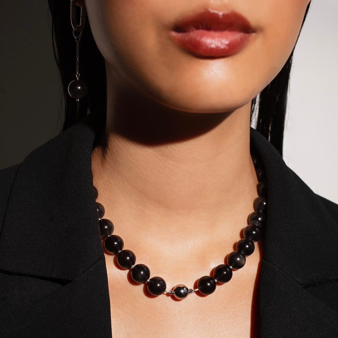 Omega Black Obsidian Gemstone Strand Statement Necklace with Magnetic Clasp