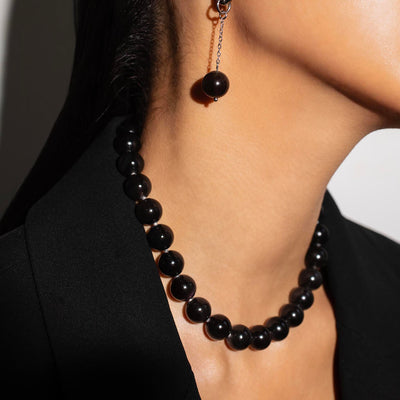 Omega Black Obsidian Gemstone Strand Statement Necklace with Magnetic Clasp