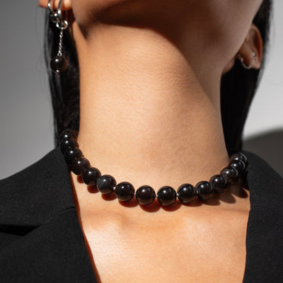 Omega Black Obsidian Gemstone Strand Statement Necklace with Magnetic Clasp
