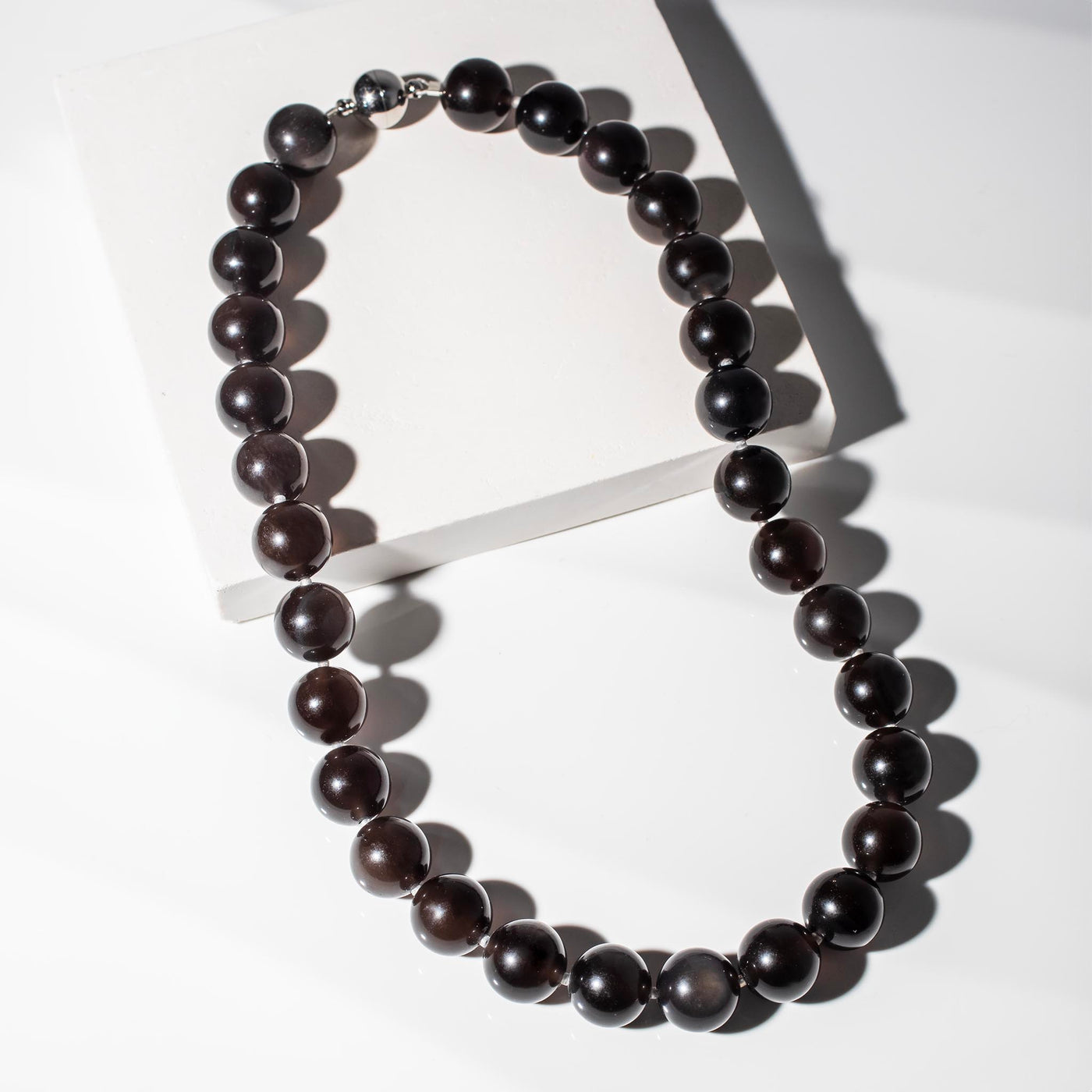 Omega Black Obsidian Gemstone Strand Statement Necklace with Magnetic Clasp