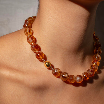Omega Citrine Gemstone Strand Statement Necklace with Magnetic Clasp