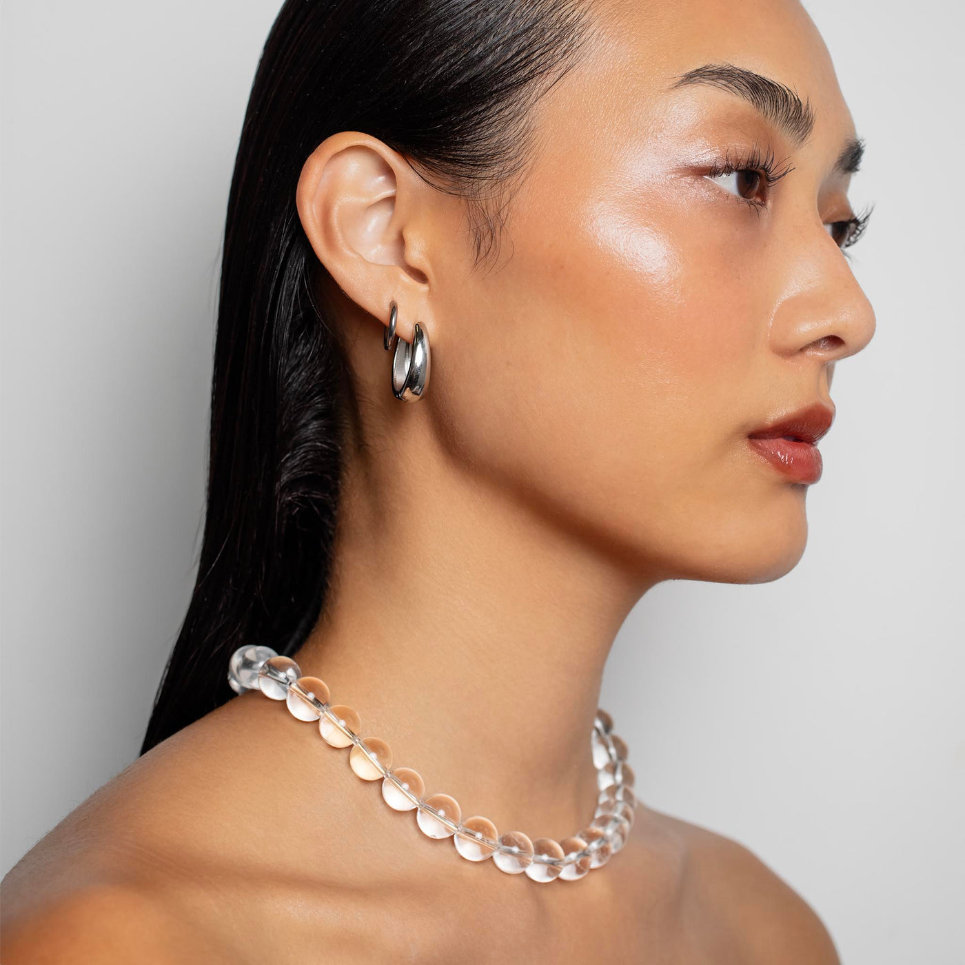 Omega Clear Quartz Gemstone Strand Statement Necklace with Magnetic Clasp