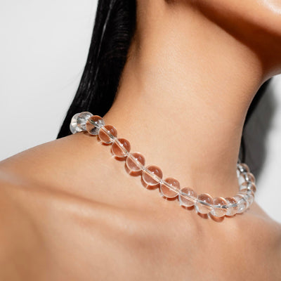 Omega Clear Quartz Gemstone Strand Statement Necklace with Magnetic Clasp