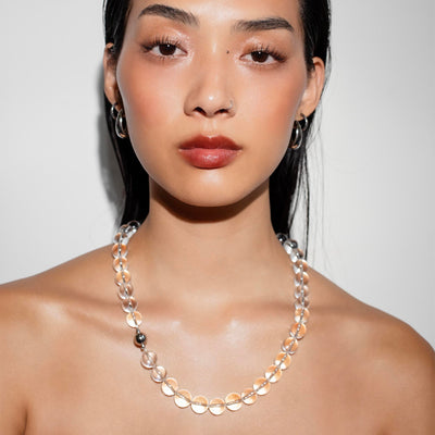 Omega Clear Quartz Gemstone Strand Statement Necklace with Magnetic Clasp