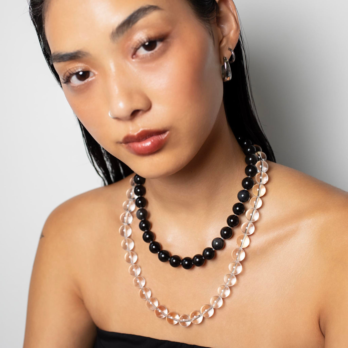 Omega Clear Quartz Gemstone Strand Statement Necklace with Magnetic Clasp