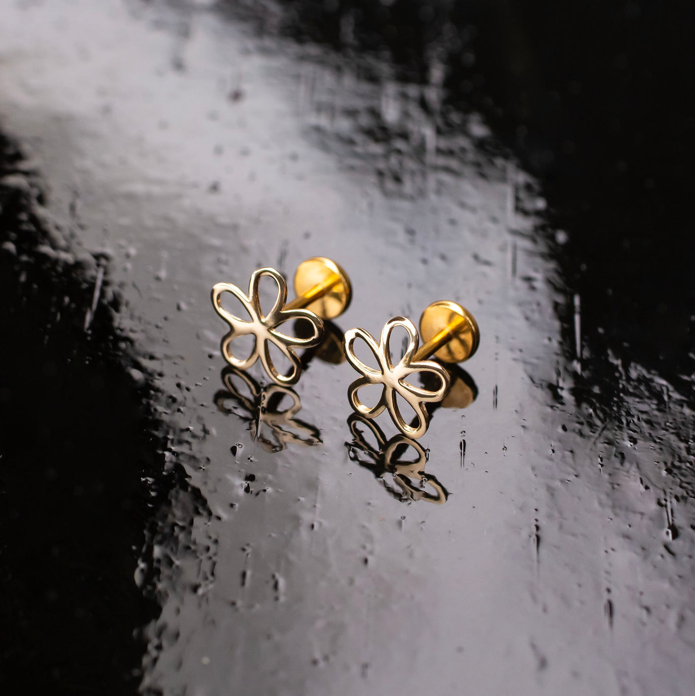 Flower Silhouette Flat Back Sleeper Earrings - 14K Solid Gold