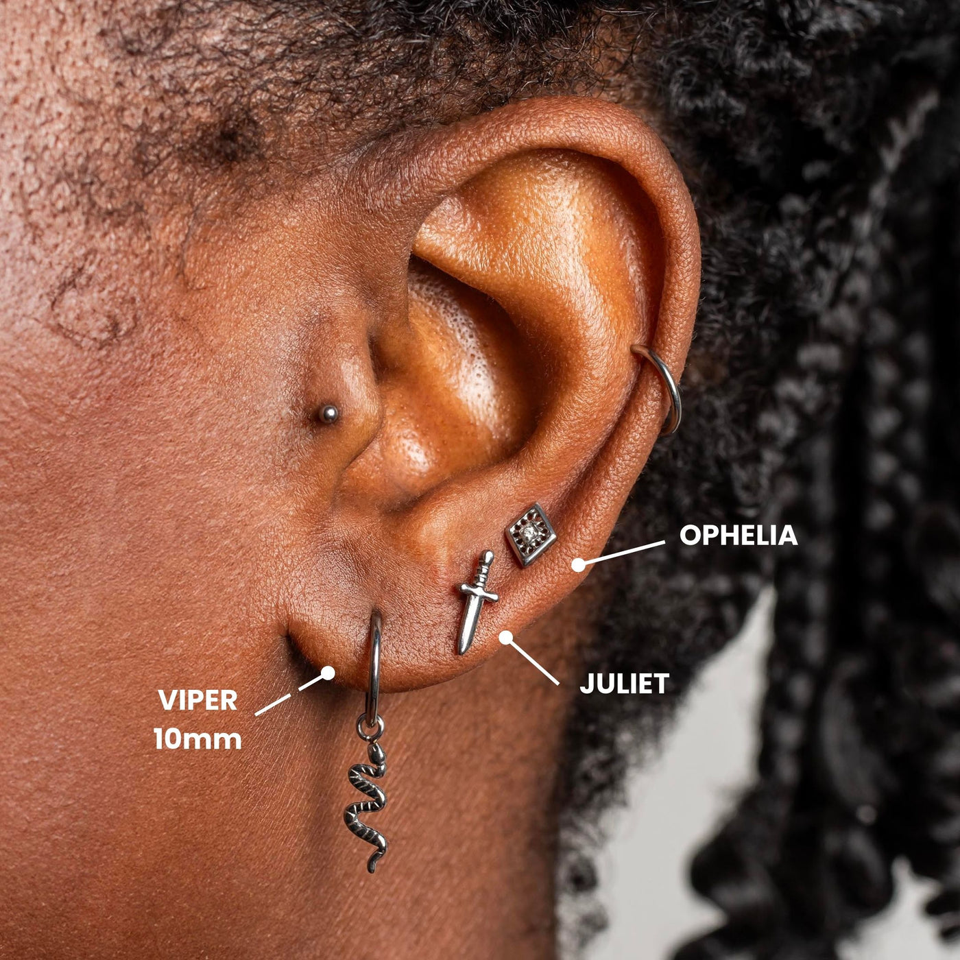 Viper Removable Snake Drop Charm Titanium Huggie Earrings