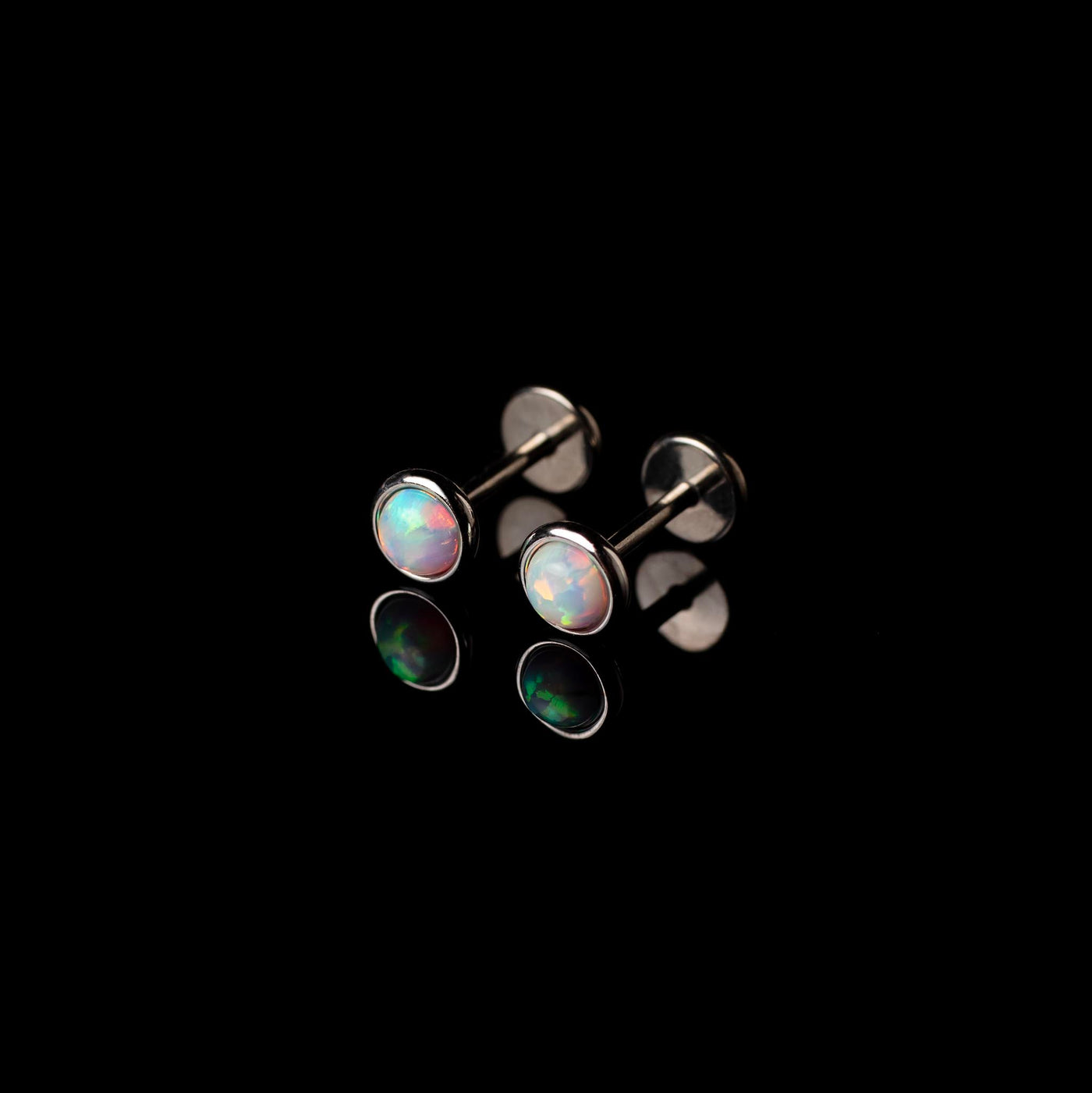 Prismatic Opal Bezel Set Flat Back Sleeper Earrings - 14k Solid Gold