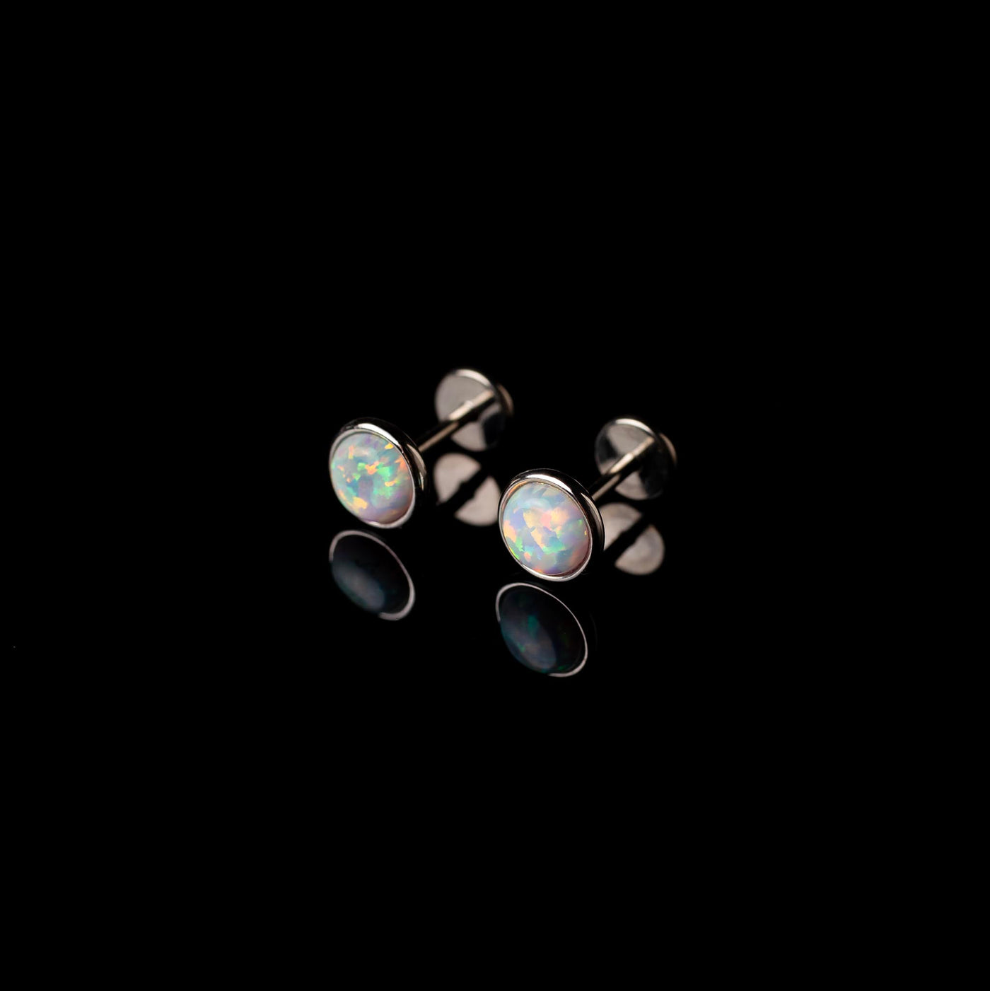 Prismatic Opal Bezel Set Flat Back Sleeper Earrings - 14k Solid Gold