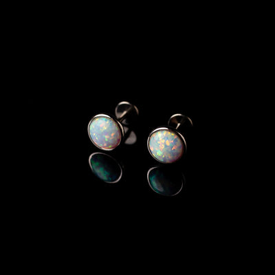 Prismatic Opal Bezel Set Flat Back Sleeper Earrings - 14k Solid Gold