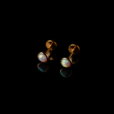Prismatic Opal Bezel Set Flat Back Sleeper Earrings - 14k Solid Gold
