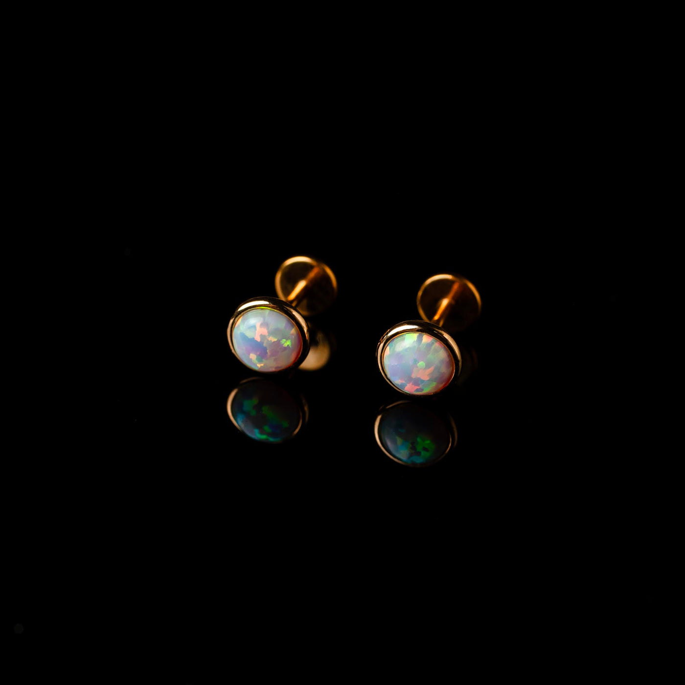 Prismatic Opal Bezel Set Flat Back Sleeper Earrings - 14k Solid Gold