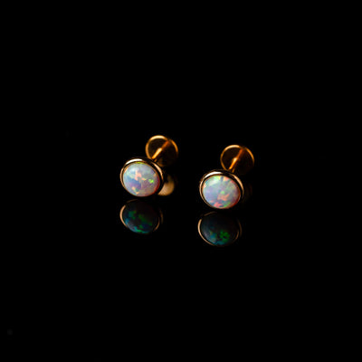 Prismatic Opal Bezel Set Flat Back Sleeper Earrings - 14k Solid Gold