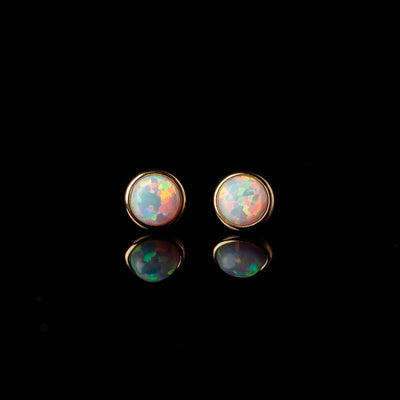 Prismatic Opal Bezel Set Flat Back Sleeper Earrings - 14k Solid Gold