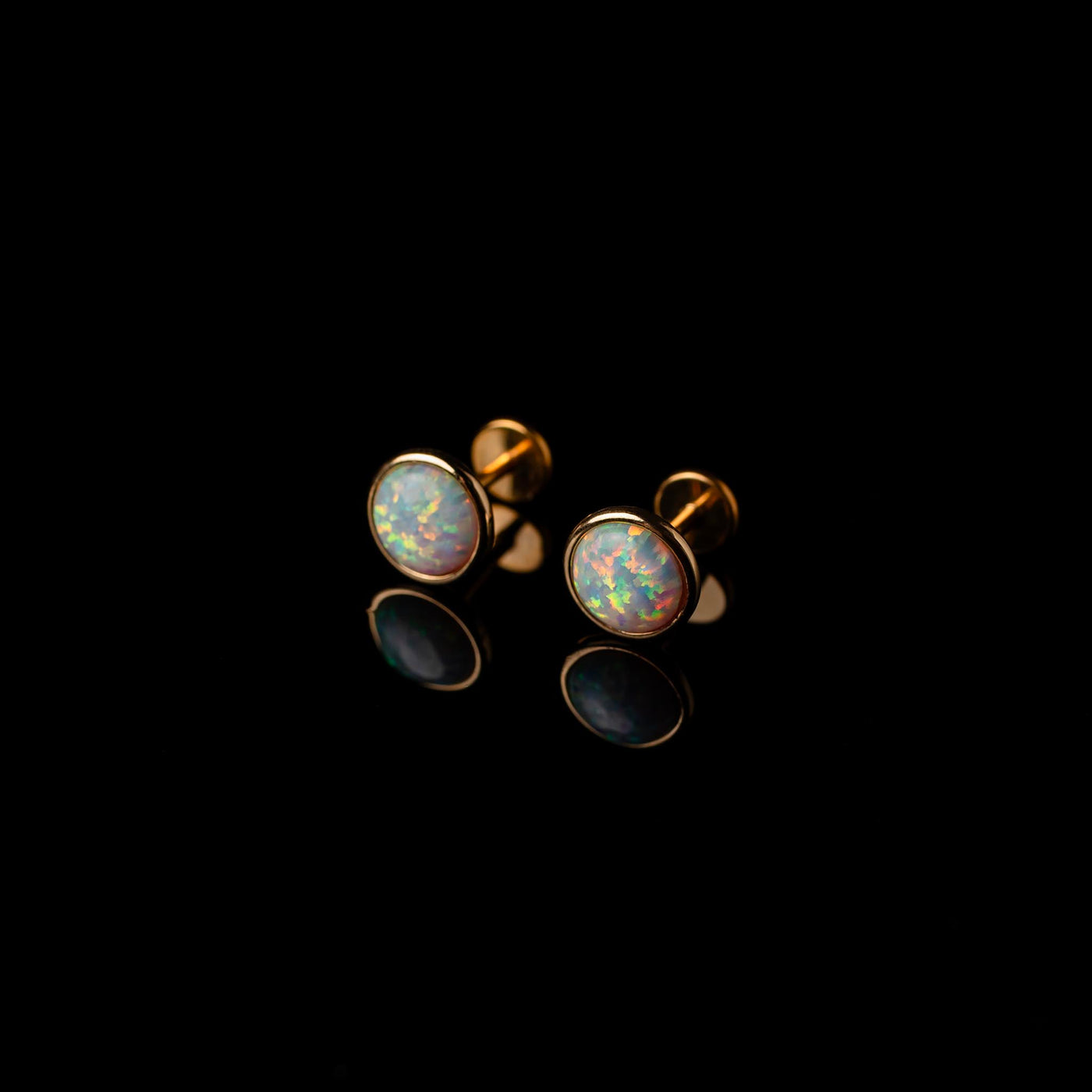 Prismatic Opal Bezel Set Flat Back Sleeper Earrings - 14k Solid Gold