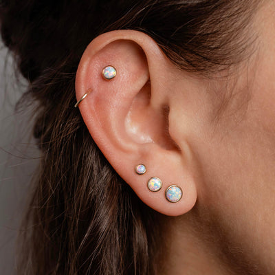 Prismatic Opal Bezel Set Flat Back Sleeper Earrings - 14k Solid Gold