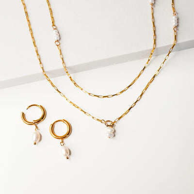 The Pura Freshwater Pearl Necklace + Huggie Earring Set