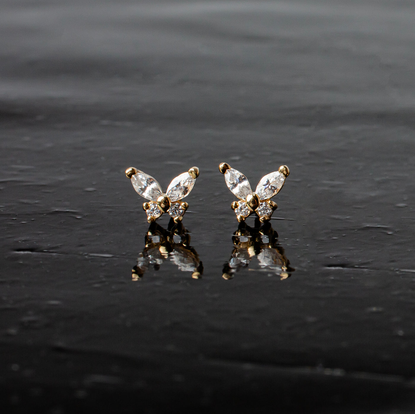 Flutter Crystal Butterfly Flat Back Sleeper Earrings - 14K Solid Gold
