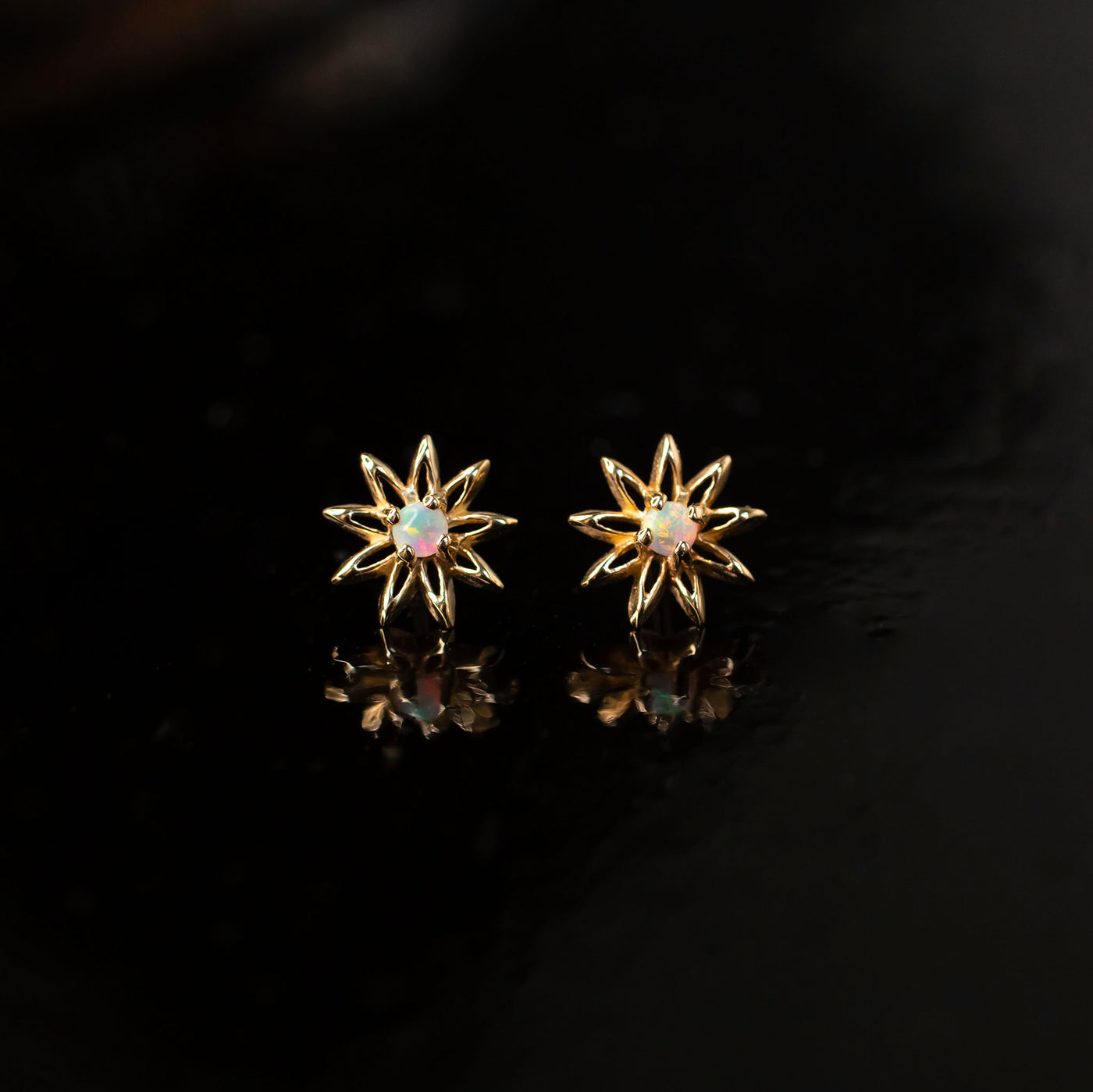 Radiant Opal Set Flower Flat Back Sleeper Earrings - 14K Solid Gold