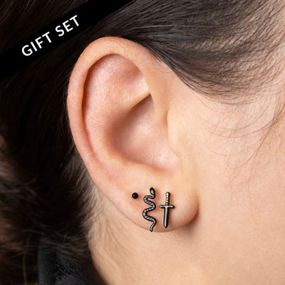 The Mystique Jet Black Titanium Flat Back Earrings Set