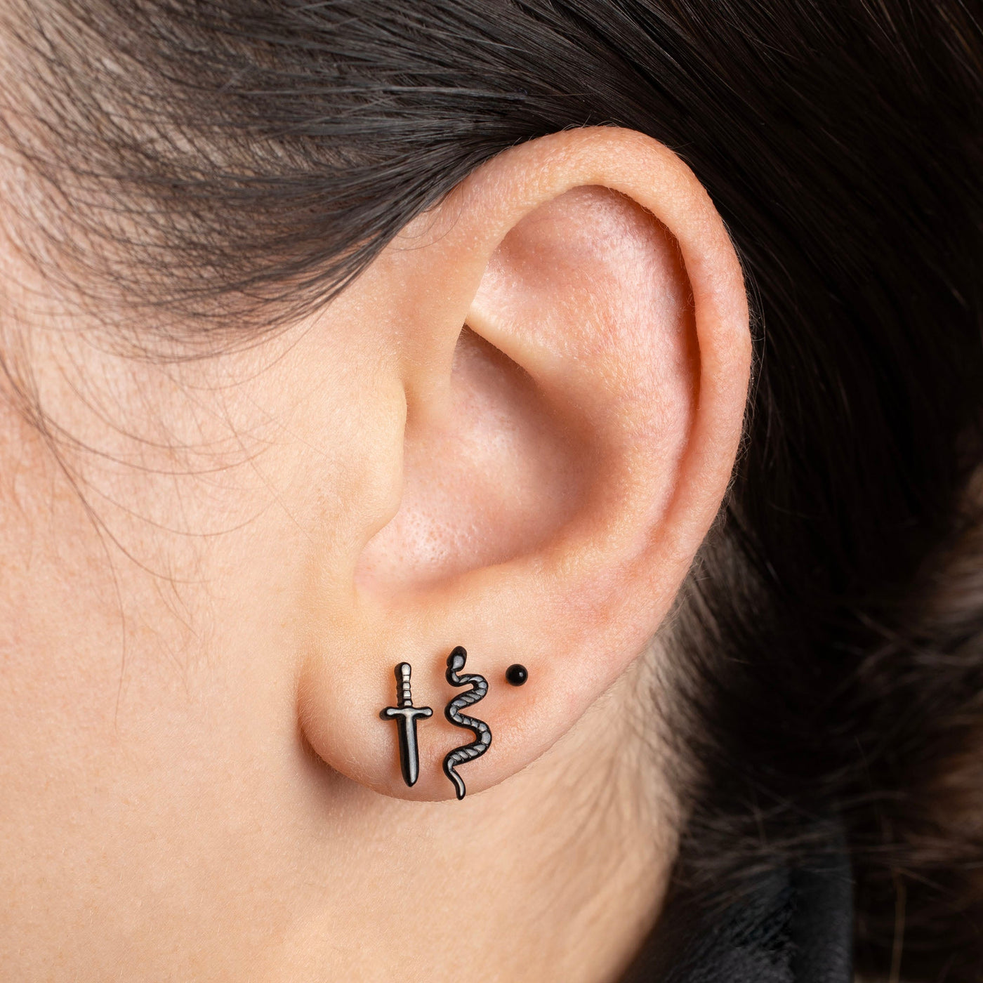 The Mystique Jet Black Titanium Flat Back Earrings Set