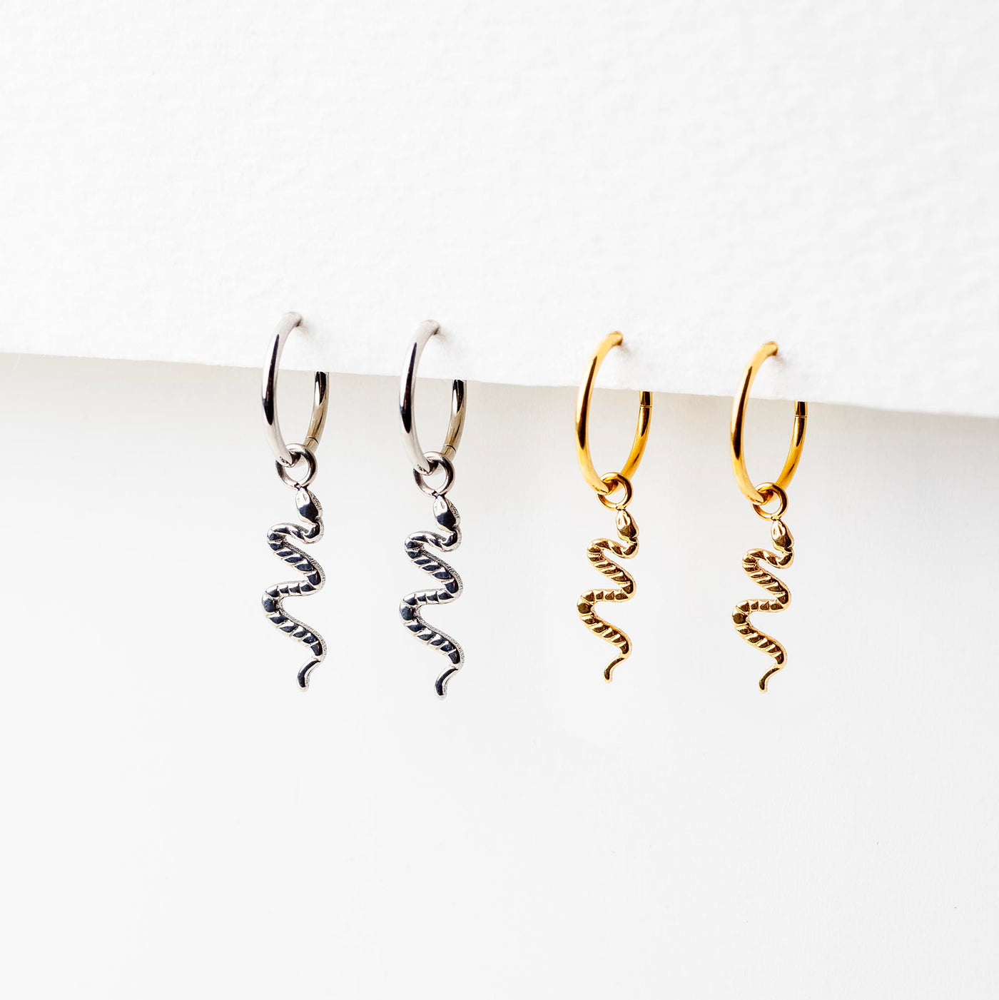 Viper Removable Snake Drop Charm Titanium Huggie Earrings