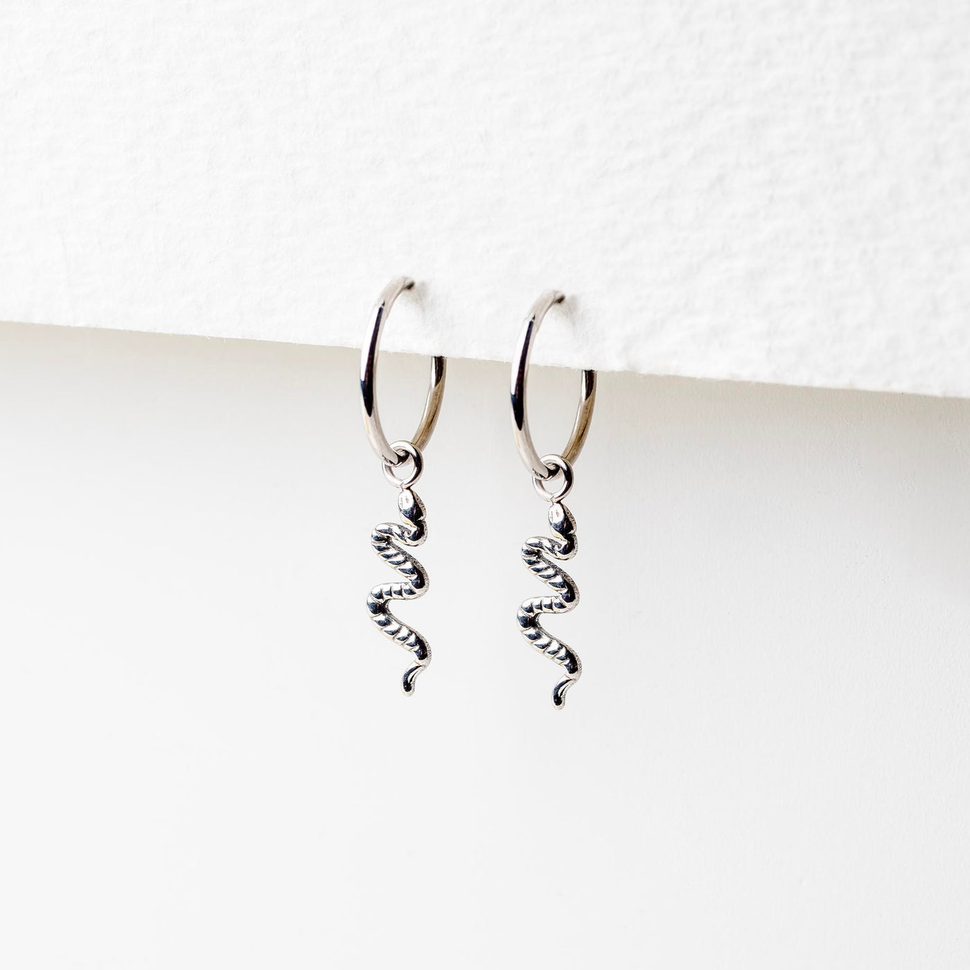 Viper Removable Snake Drop Charm Titanium Huggie Earrings